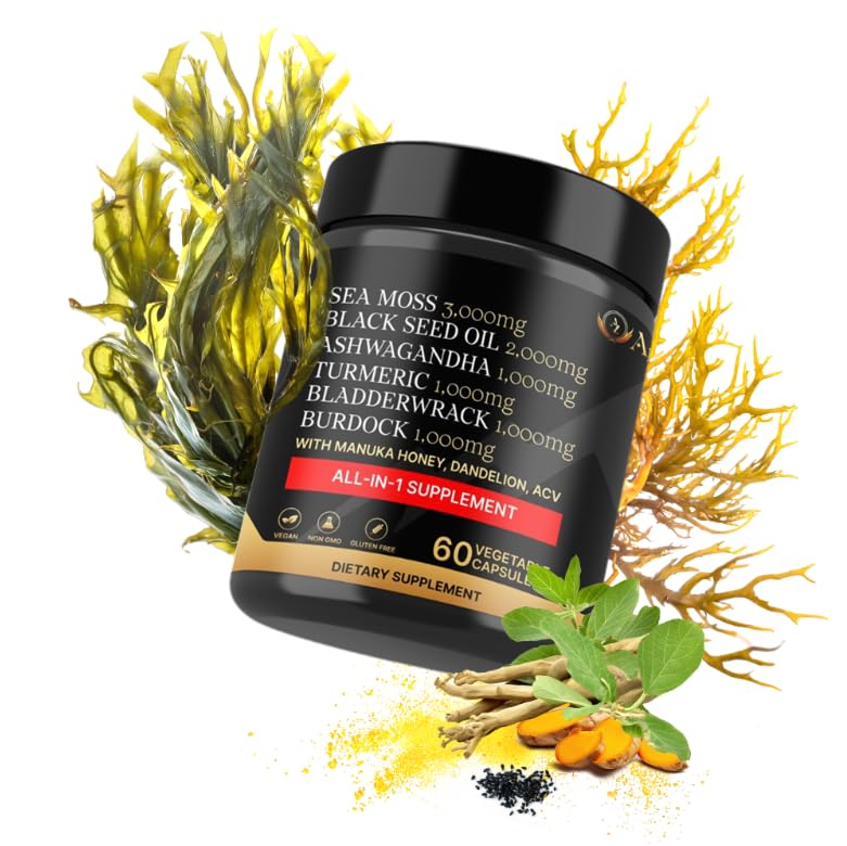 AZ ApexZone True Sea Moss Capsules Black Seed Oil Ashwagandha Burdock Root, Tumeric Supplement with Manuka Honey, Dandelion Root ACV - 60 Capsules - Multi Vitamin - dailyvitalstore