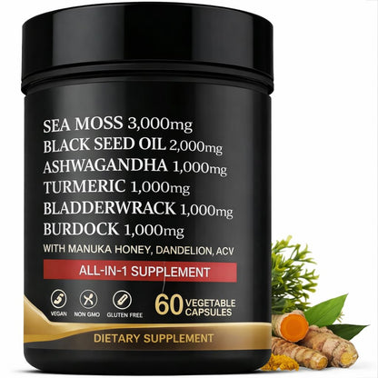 AZ ApexZone True Sea Moss Capsules Black Seed Oil Ashwagandha Burdock Root, Tumeric Supplement with Manuka Honey, Dandelion Root ACV - 60 Capsules - Multi Vitamin - dailyvitalstore