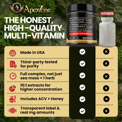 AZ ApexZone True Sea Moss Capsules Black Seed Oil Ashwagandha Burdock Root, Tumeric Supplement with Manuka Honey, Dandelion Root ACV - 60 Capsules - Multi Vitamin - dailyvitalstore