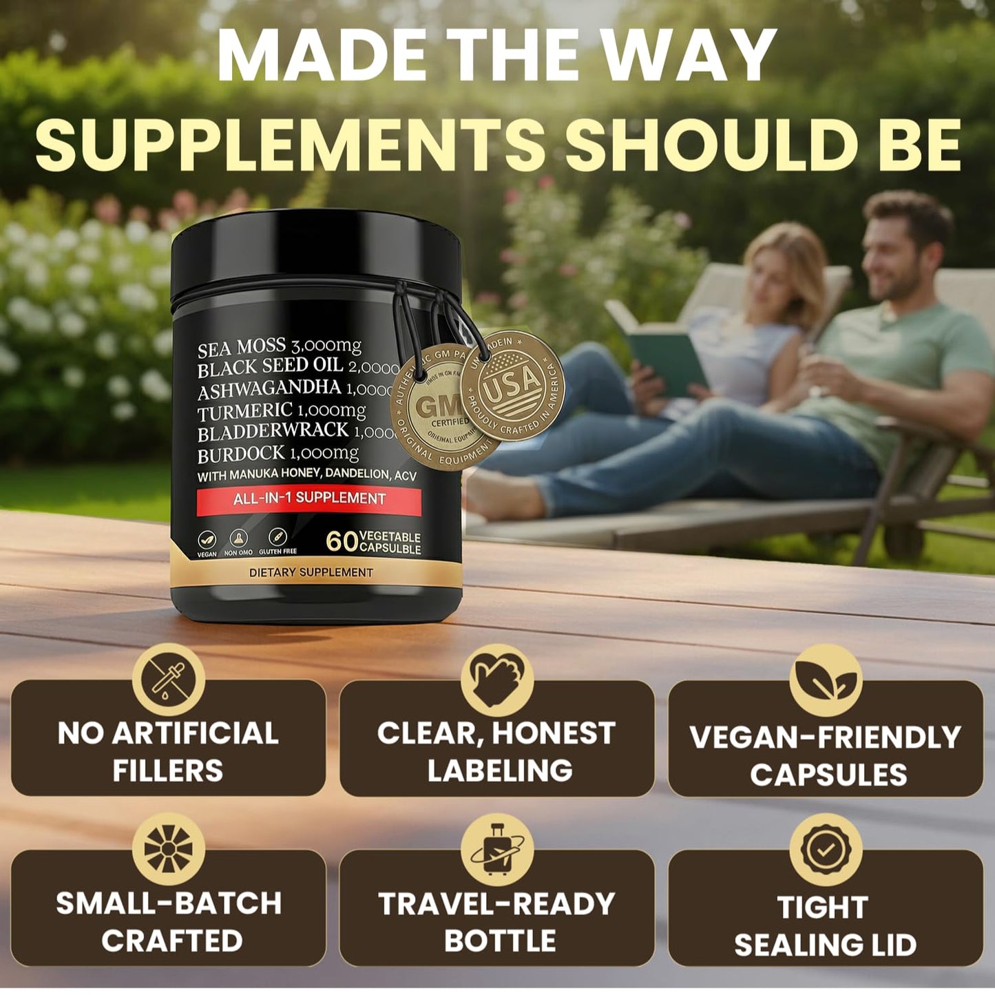 AZ ApexZone True Sea Moss Capsules Black Seed Oil Ashwagandha Burdock Root, Tumeric Supplement with Manuka Honey, Dandelion Root ACV - 60 Capsules - Multi Vitamin - dailyvitalstore