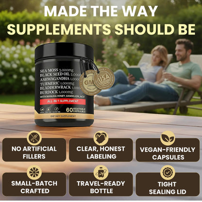 AZ ApexZone True Sea Moss Capsules Black Seed Oil Ashwagandha Burdock Root, Tumeric Supplement with Manuka Honey, Dandelion Root ACV - 60 Capsules - Multi Vitamin - dailyvitalstore