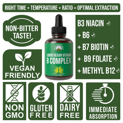 B Complex Liquid Drops Vegan Supplement. Best 5 B Vitamins with B3 Niacin, B6, B7 Biotin, B9 Folate, Methylcobalamin B12. B-Complex for Hair, Skin Nails, Energy. for Adults, Men, Women - dailyvitalstore