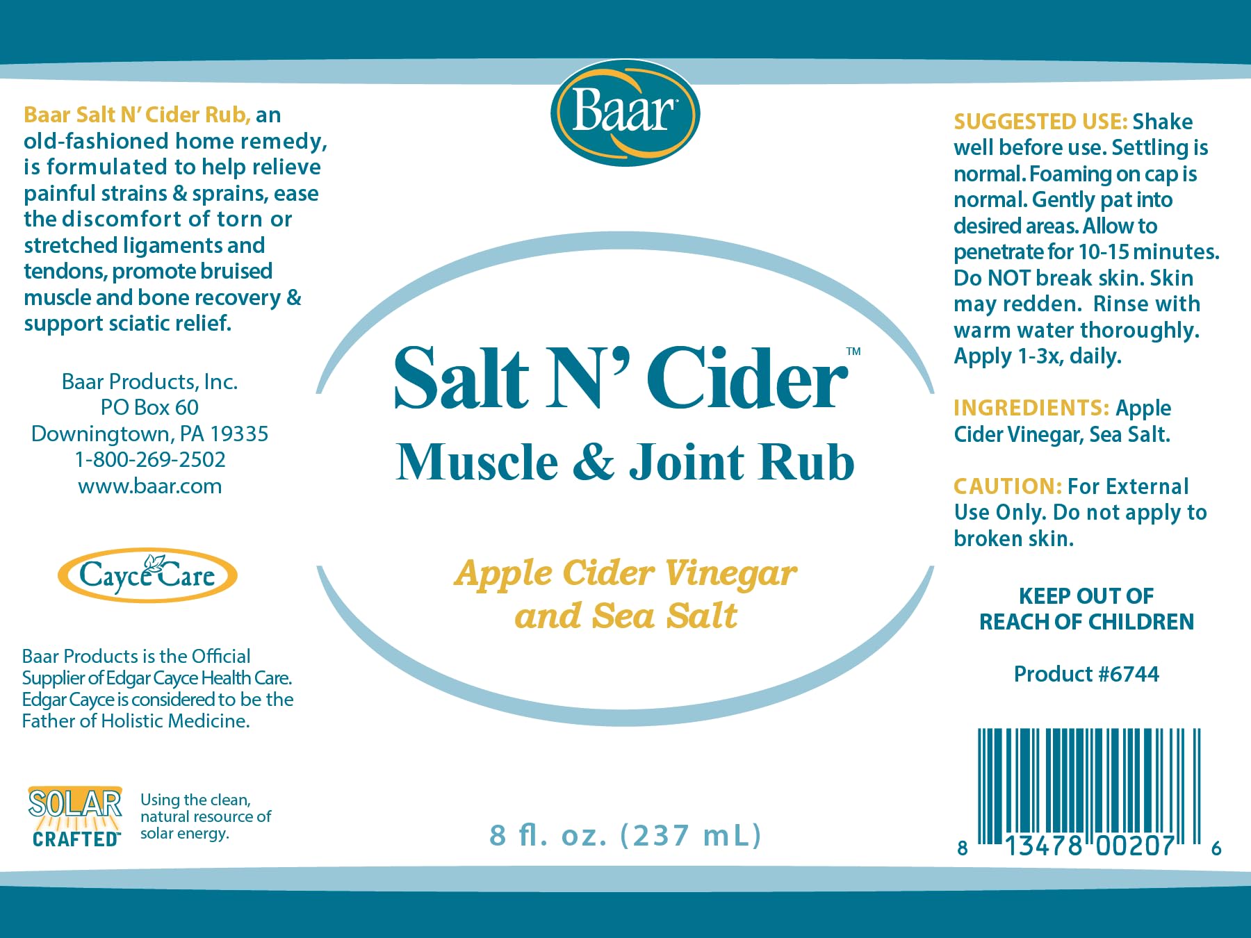 Baar Salt N' Cider Rub - Aids Bruised Ligaments & Tendons, Strains, Sprains & Bone Recovery, 8 fl. oz. - dailyvitalstore