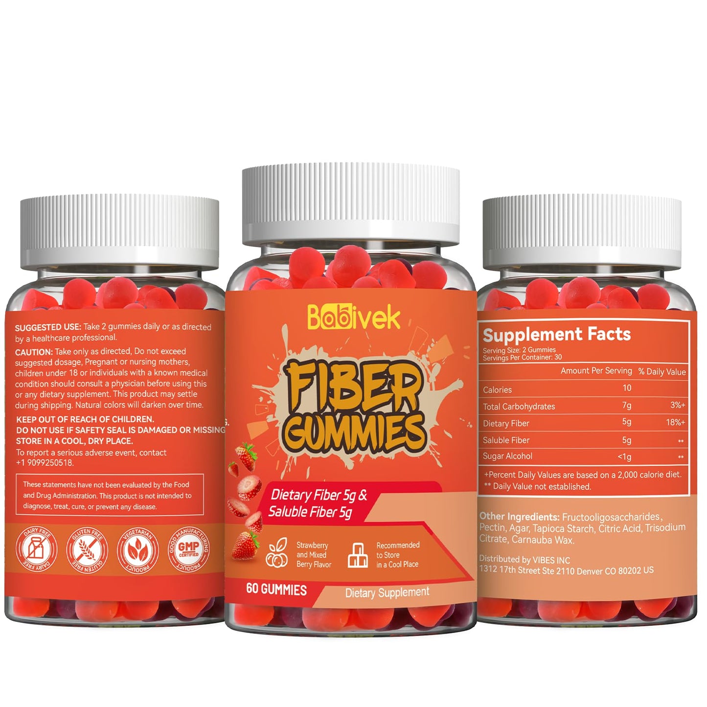 Babivek Fiber Gummies for Women and Men – Dietary Fiber, Gut Health Support, Vegan, Non-GMO, Non-Gluten, Mixed Berry & Strawberry Flavors, 60 Count(Pack of 2) - dailyvitalstore