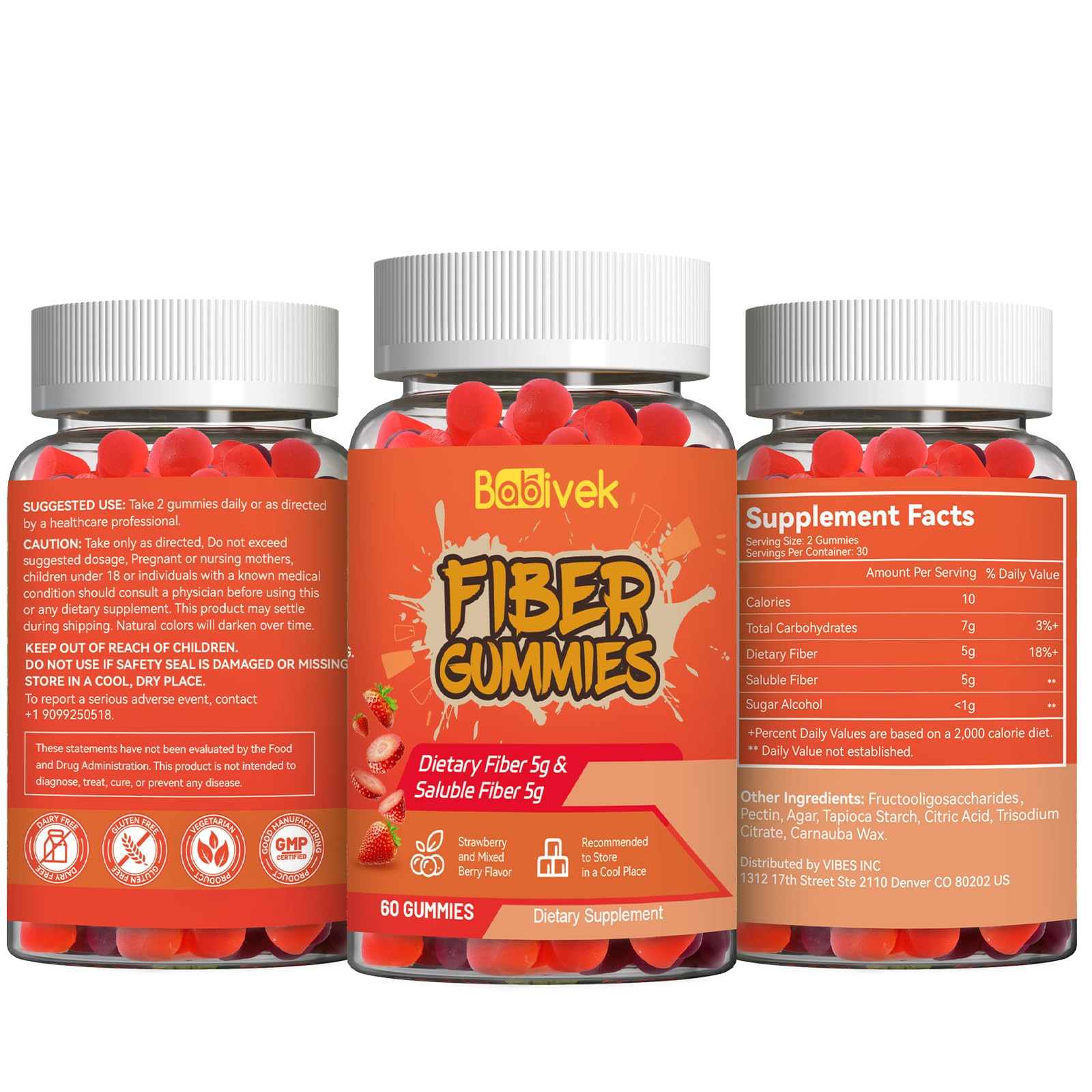 Babivek Fiber Gummies for Women and Men – Dietary Fiber, Gut Health Support, Vegan, Non-GMO, Non-Gluten, Mixed Berry & Strawberry Flavors, 60 Count(Pack of 2) - dailyvitalstore