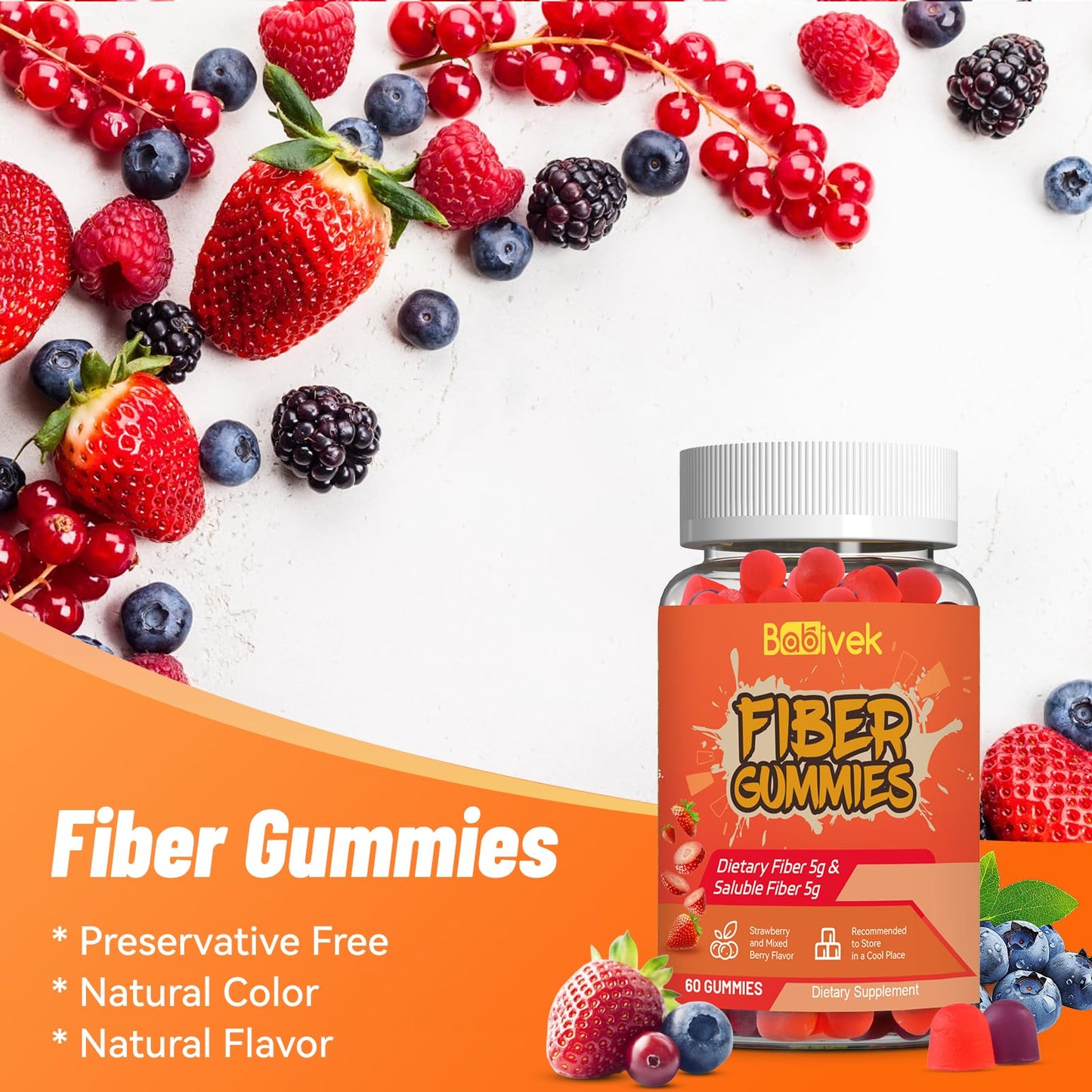 Babivek Fiber Gummies for Women and Men – Dietary Fiber, Gut Health Support, Vegan, Non-GMO, Non-Gluten, Mixed Berry & Strawberry Flavors, 60 Count(Pack of 2) - dailyvitalstore