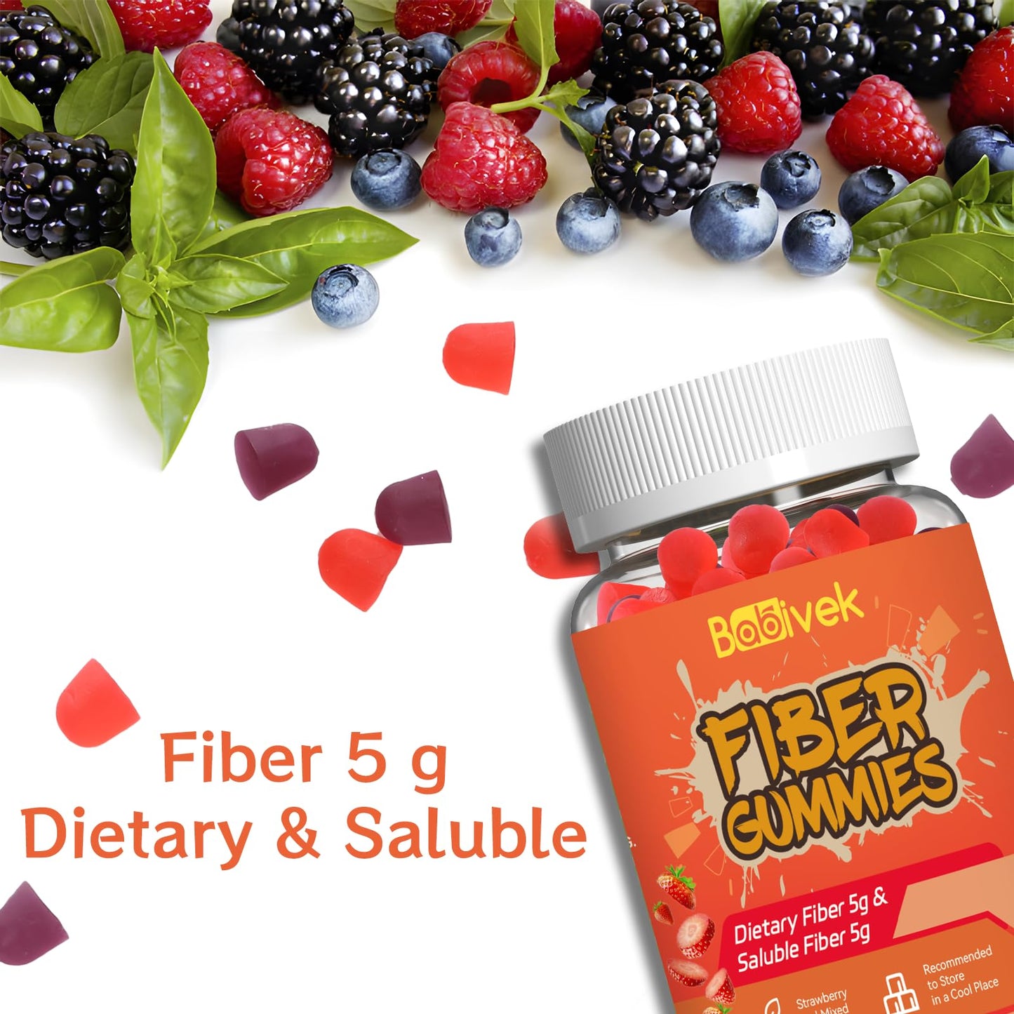 Babivek Fiber Gummies for Women and Men – Dietary Fiber, Gut Health Support, Vegan, Non-GMO, Non-Gluten, Mixed Berry & Strawberry Flavors, 60 Count(Pack of 2) - dailyvitalstore