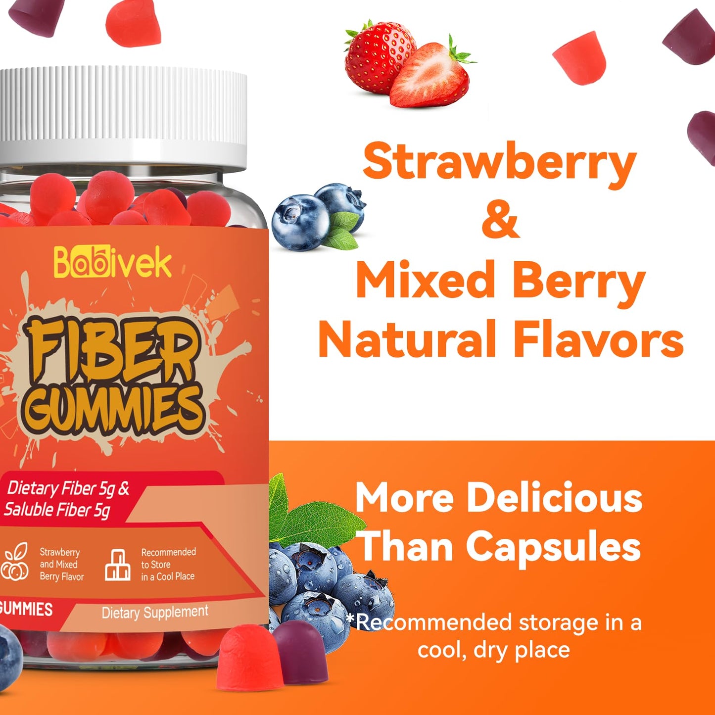 Babivek Fiber Gummies for Women and Men – Dietary Fiber, Gut Health Support, Vegan, Non-GMO, Non-Gluten, Mixed Berry & Strawberry Flavors, 60 Count(Pack of 2) - dailyvitalstore
