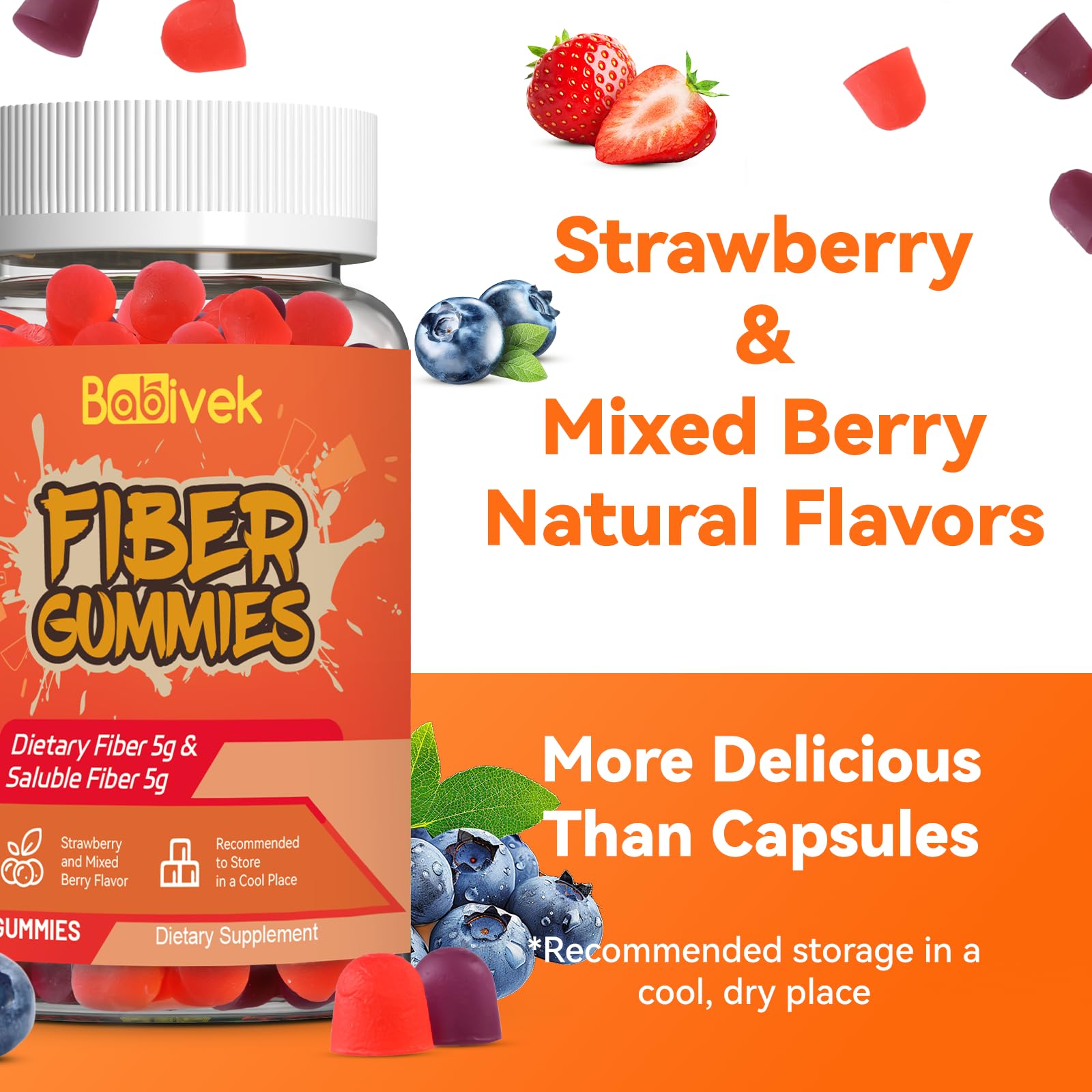 Babivek Fiber Gummies for Women and Men – Dietary Fiber, Gut Health Support, Vegan, Non-GMO, Non-Gluten, Mixed Berry & Strawberry Flavors, 60 Count(Pack of 2) - dailyvitalstore