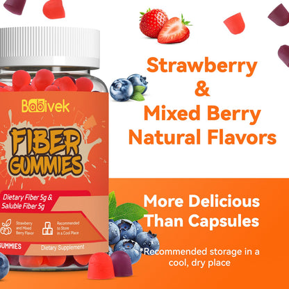 Babivek Fiber Gummies for Women and Men – Dietary Fiber, Gut Health Support, Vegan, Non-GMO, Non-Gluten, Mixed Berry & Strawberry Flavors, 60 Count(Pack of 2) - dailyvitalstore