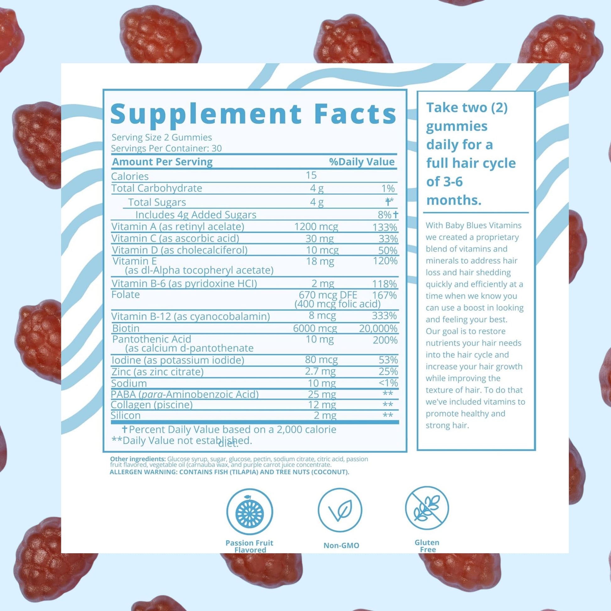 Baby Blues Postpartum Hair Loss Vitamins - Passion Fruit Gummies with Biotin, Collagen, & Folate - dailyvitalstore