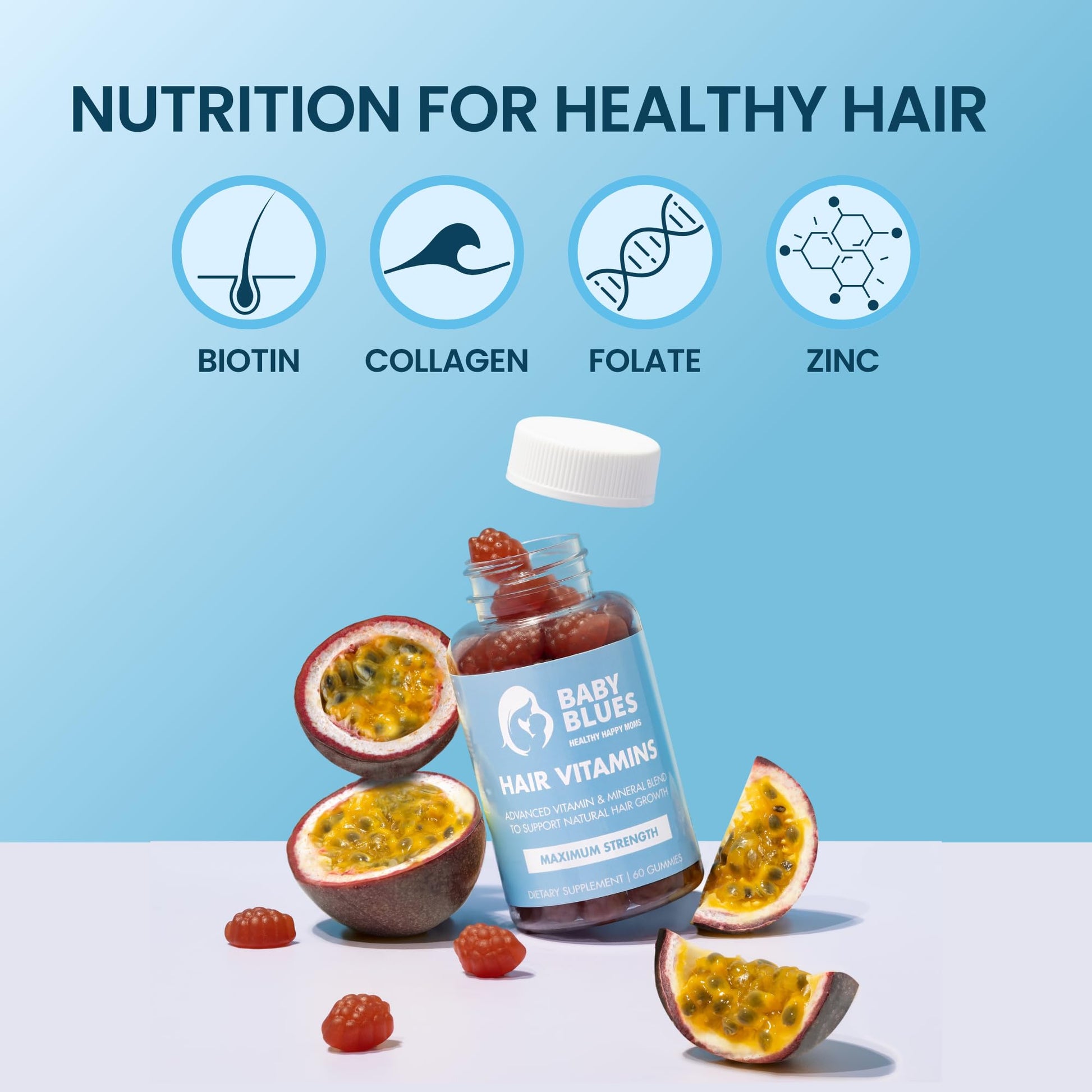 Baby Blues Postpartum Hair Loss Vitamins - Passion Fruit Gummies with Biotin, Collagen, & Folate - dailyvitalstore