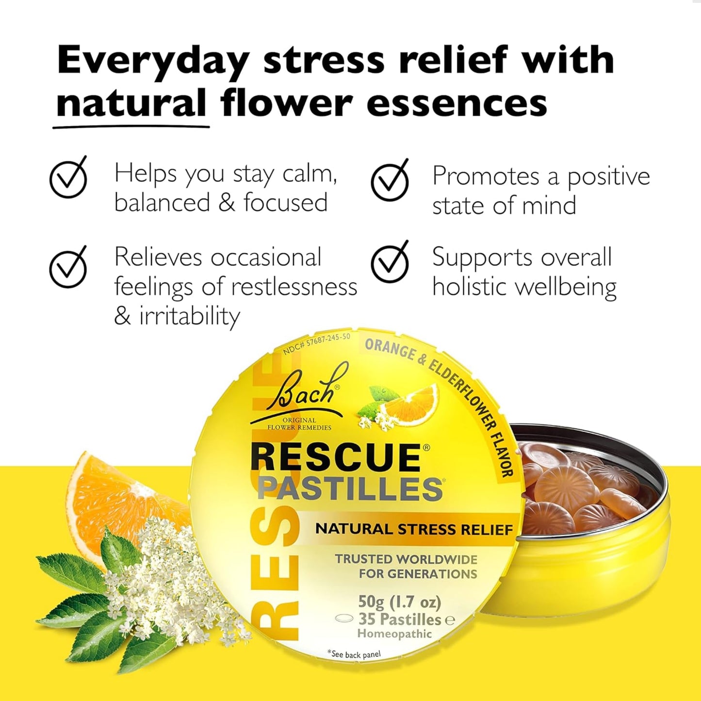 Bach Rescue PASTILLES, Orange and Elderflower Flavor, Natural Stress Relief Lozenges, Homeopathic Flower Essence, Vegetarian, Gluten & Sugar-Free, 35 Count - dailyvitalstore