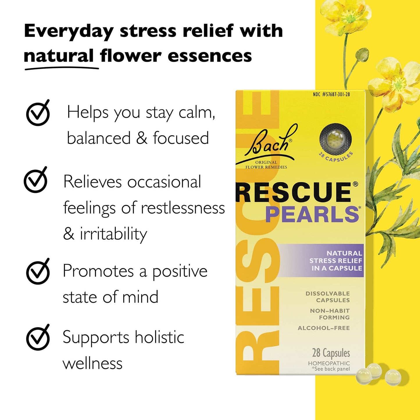 Bach RESCUE PEARLS, Natural Orange Vanilla Flavor, Natural Stress Relief, Homeopathic Flower Essence, Quick-Dissolve, Gluten & Sugar-Free, 28 Count - dailyvitalstore