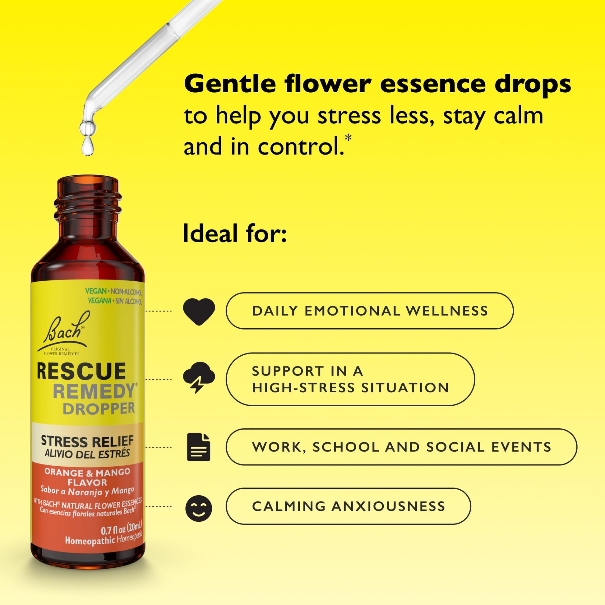 Bach RESCUE Remedy, Orange Mango Flavor, Stress Relief, Homeopathic, Flower Essences, 20mL - dailyvitalstore