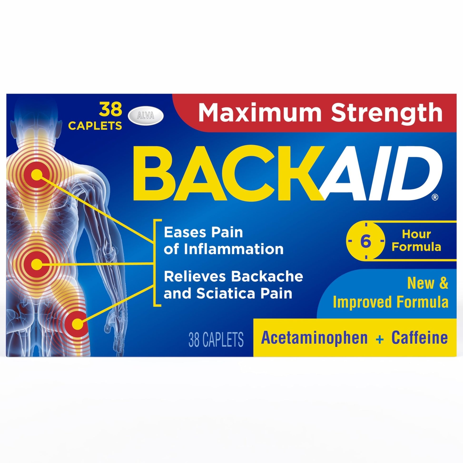 Backaid Maximum Strength Aspirin-Free Pain Relief from Backache, Sciatica and Leg Pain, Powerful Combination, Long-Lasting 6 Hour Formula, 38 Count - dailyvitalstore