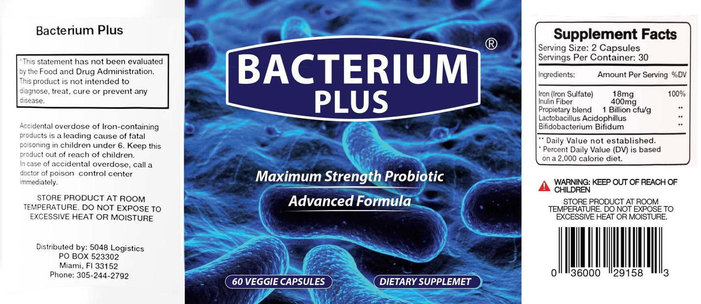 Bacterium Plus - Maximum Strength Probiotics - Probiotic Blend to Improve Instestinal Health, 100% Natural Digestive Supplement - 60 Capsules - dailyvitalstore