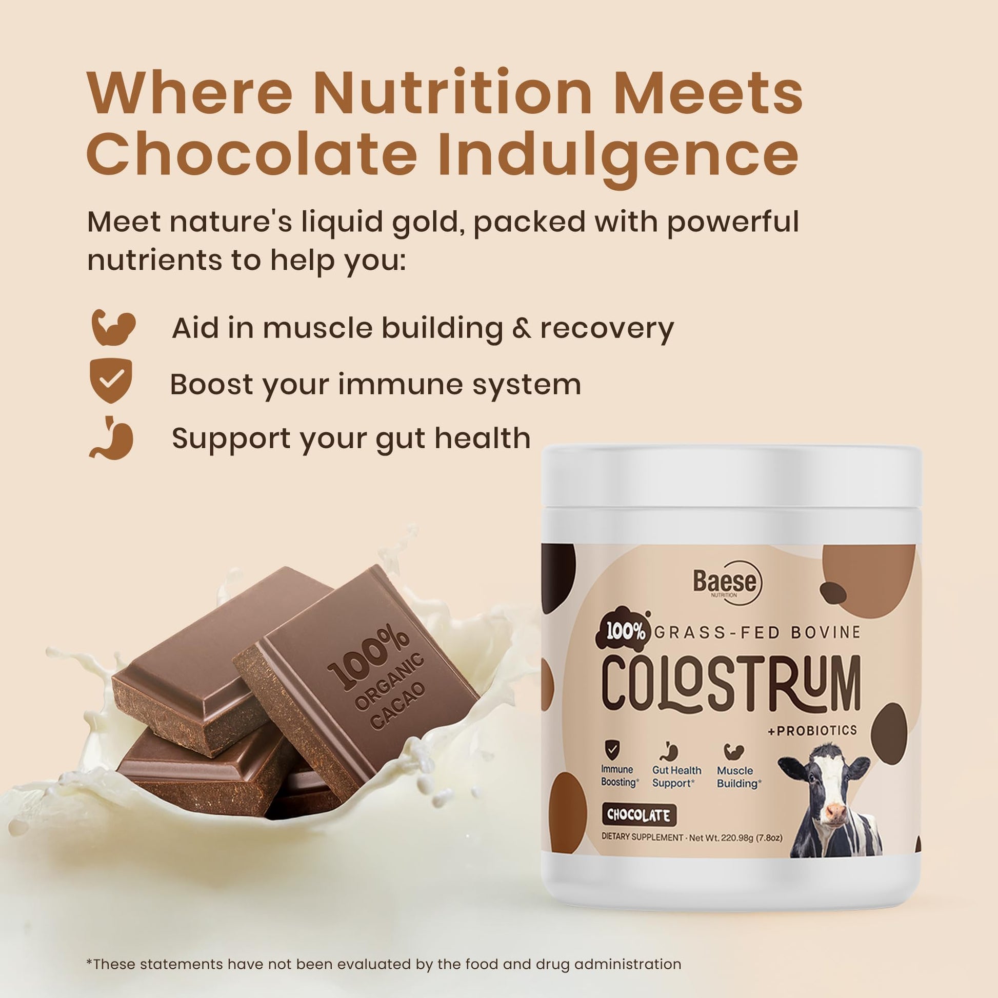 Baese Nutrition Organic Chocolate 4000mg Grass Fed Bovine Colostrum Powder + Probiotics Colostrum Supplement for Kids - dailyvitalstore