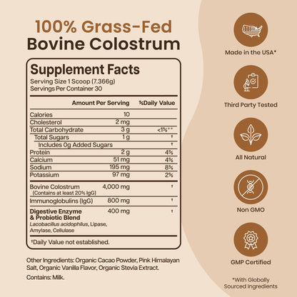 Baese Nutrition Organic Chocolate 4000mg Grass Fed Bovine Colostrum Powder + Probiotics Colostrum Supplement for Kids - dailyvitalstore