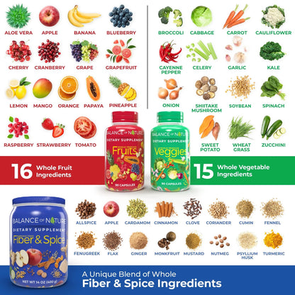 Balance of Nature Whole Health System - Whole Food Fruits & Veggies and Fiber & Spice Supplements - 30 Servings Each - dailyvitalstore