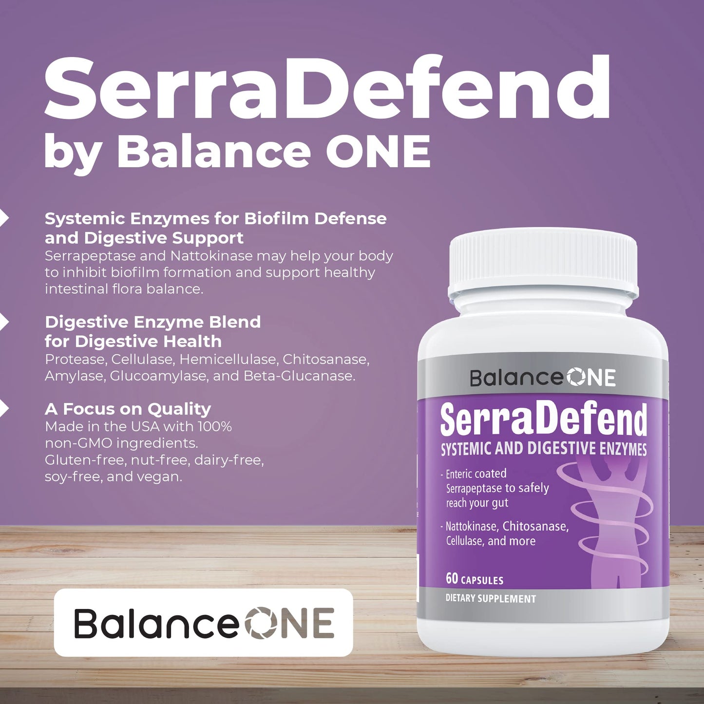 Balance ONE Biofilm Disruptor – Proteolytic Enzymes & Defense Supplement with Serrapeptase & Nattokinase – Systemic & Digestive Support – 60 Capsules, 2 Month Supply – for Women & Men – SerraDefend - dailyvitalstore