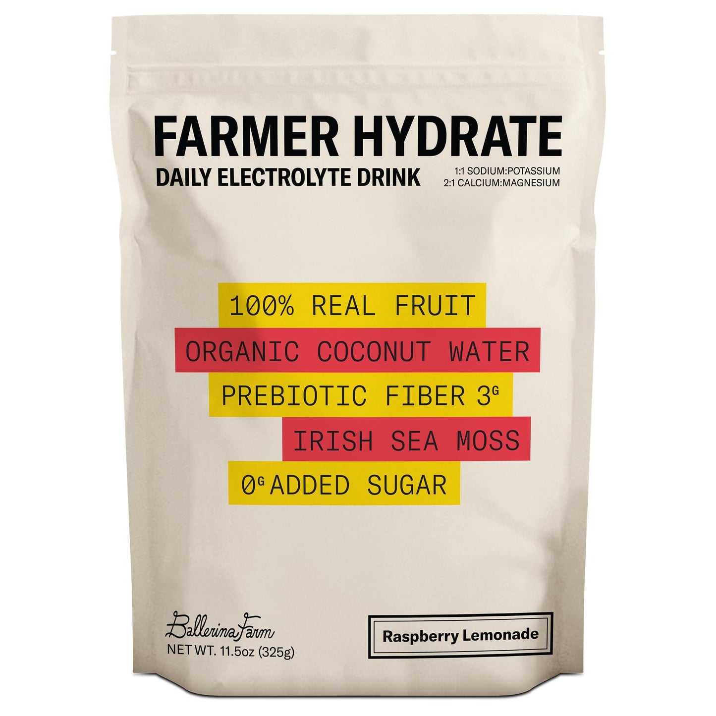 Ballerina Farm Farmer Hydrate, Daily Electrolytes Powder, Raspberry Lemonade, Hydration Drink Mix with Organic Coconut Water, Irish Sea Moss, Sea Salt, Prebiotic Fiber, No Added Sugar, 25 Servings - dailyvitalstore