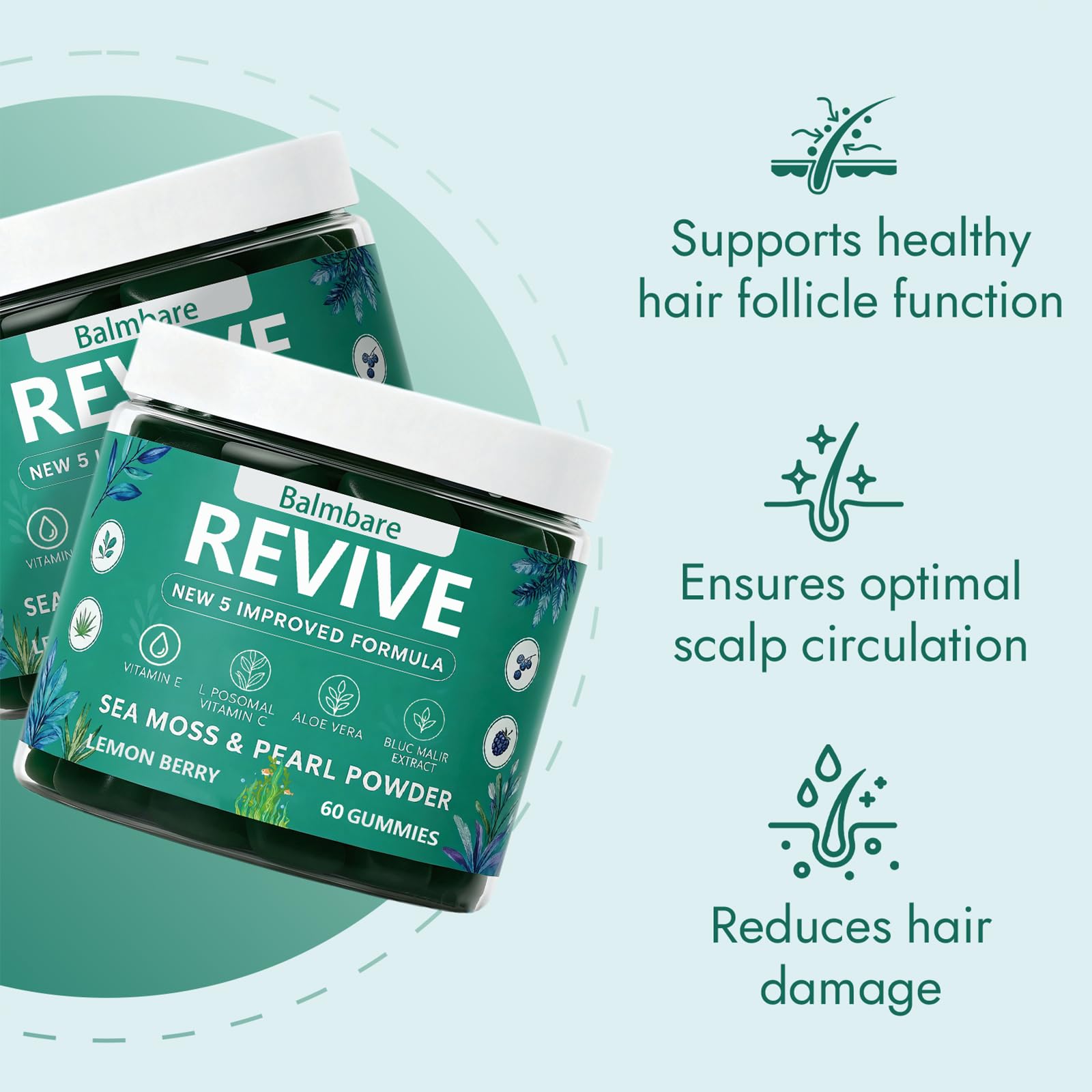Balmbare Revive Gummies for Hair Loss, with Organic Irish Sea Moss Pearl Powder, Vitamins C & E, Aloe Vera - Supports Healthy Hair, Skin & Nails Growth (1pcs) - dailyvitalstore