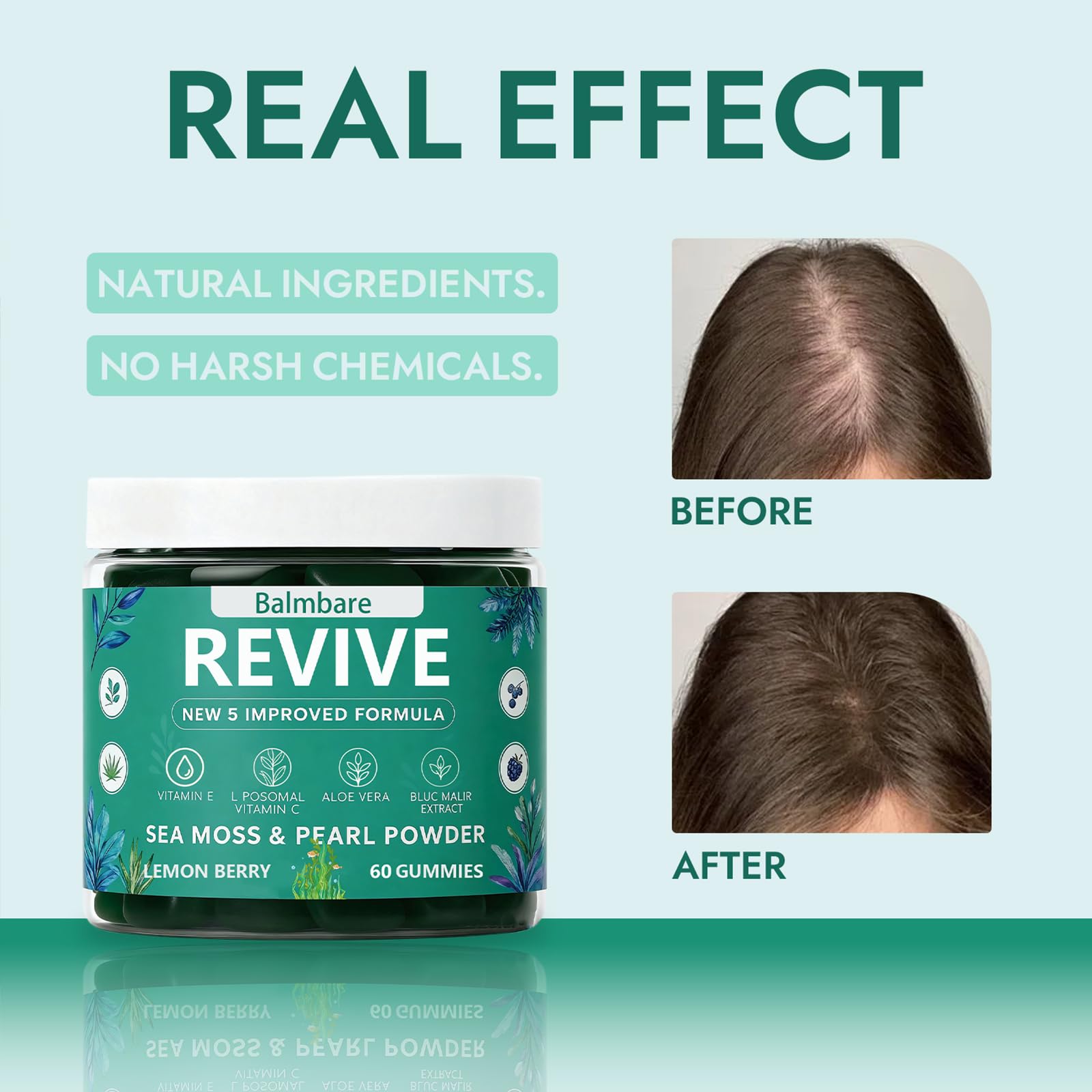 Balmbare Revive Gummies for Hair Loss, with Organic Irish Sea Moss Pearl Powder, Vitamins C & E, Aloe Vera - Supports Healthy Hair, Skin & Nails Growth (1pcs) - dailyvitalstore