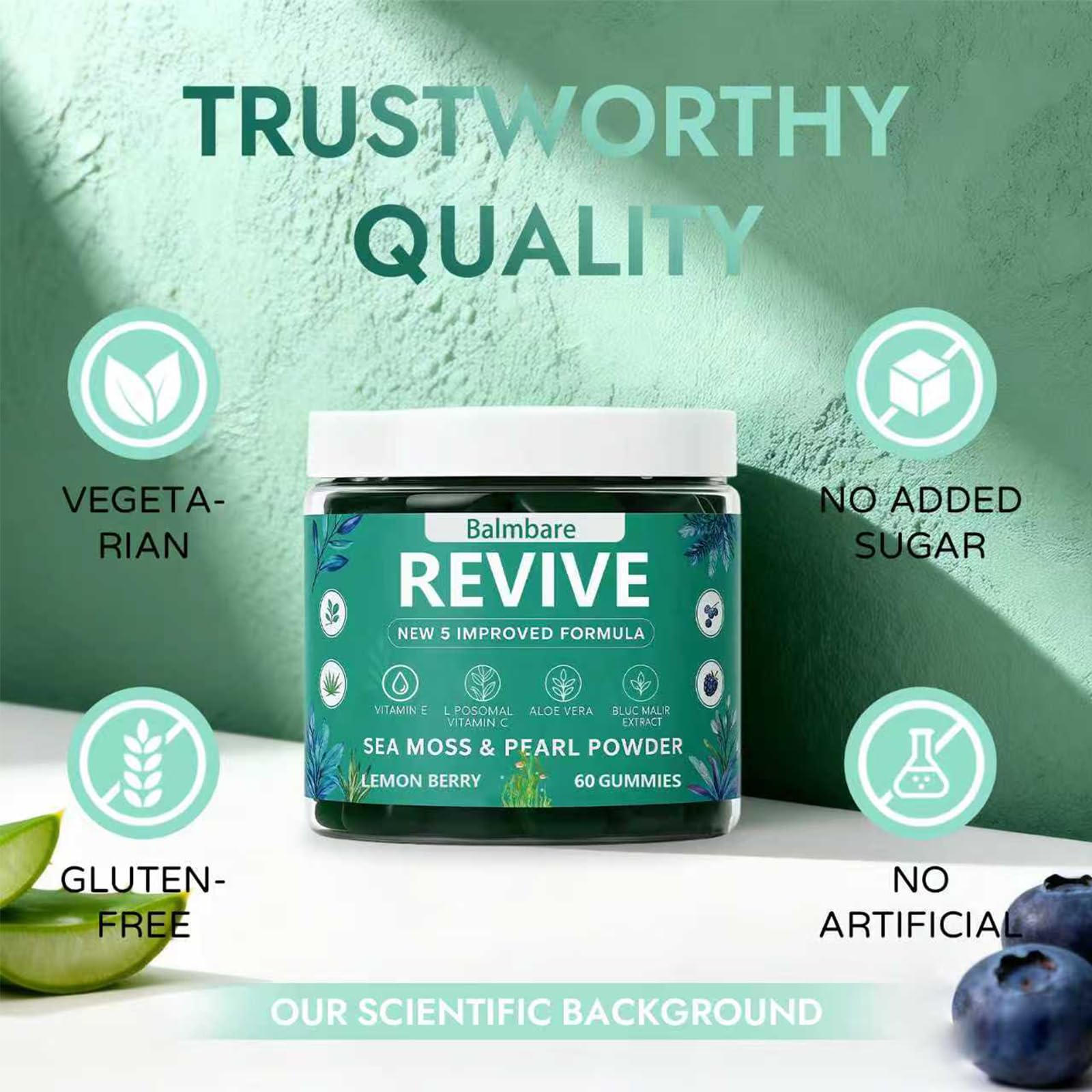 Balmbare Revive Gummies for Hair Loss, with Organic Irish Sea Moss Pearl Powder, Vitamins C & E, Aloe Vera - Supports Healthy Hair, Skin & Nails Growth (1pcs) - dailyvitalstore