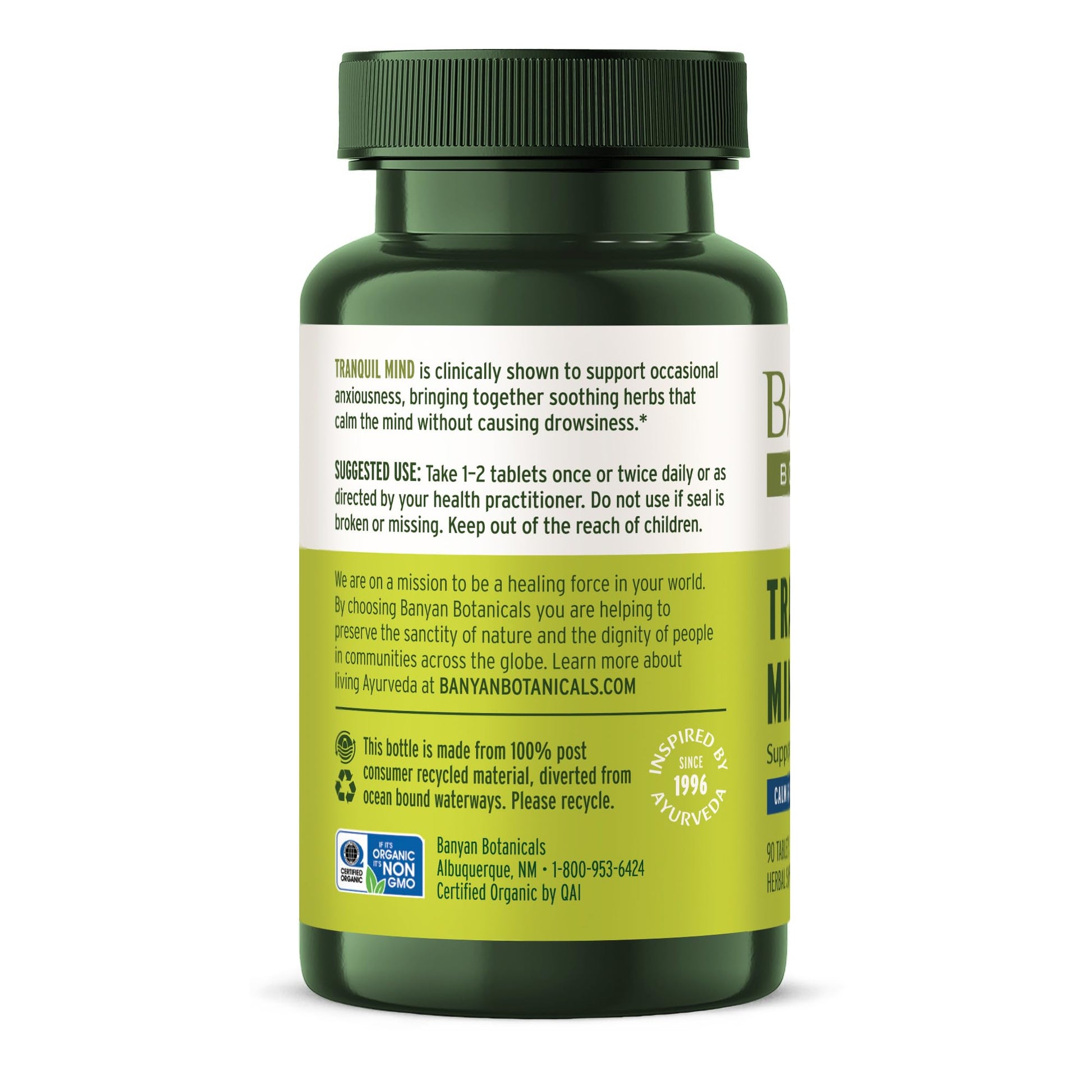 Banyan Botanicals Organic Tranquil Mind – Nervous System Support & Physical Relaxation Supplement – with Skullcap, Passionflower & Gotu Kola – Non-Drowsy Systemic Grounding – 90 Tablets – USDA Organic - dailyvitalstore