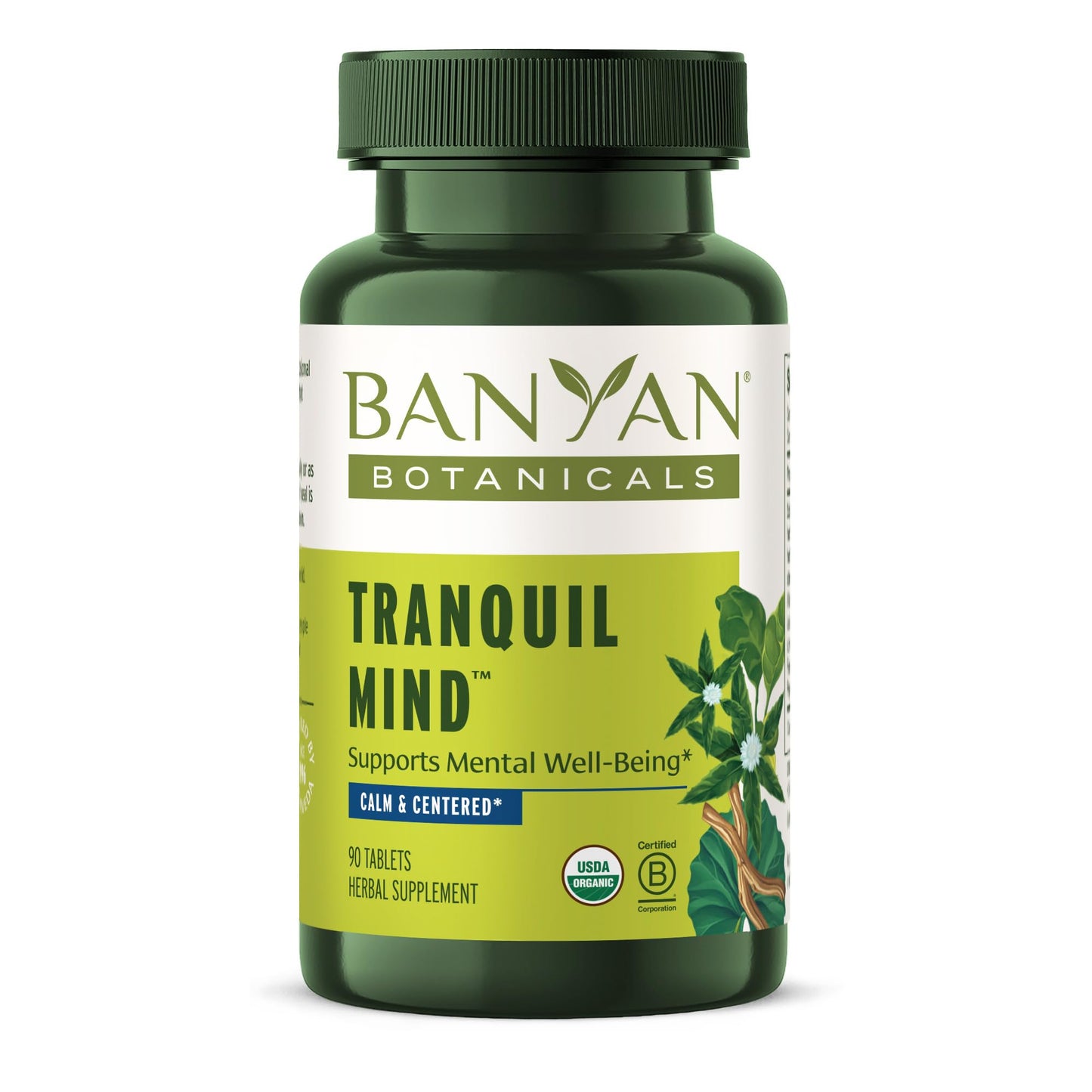 Banyan Botanicals Organic Tranquil Mind – Nervous System Support & Physical Relaxation Supplement – with Skullcap, Passionflower & Gotu Kola – Non-Drowsy Systemic Grounding – 90 Tablets – USDA Organic - dailyvitalstore