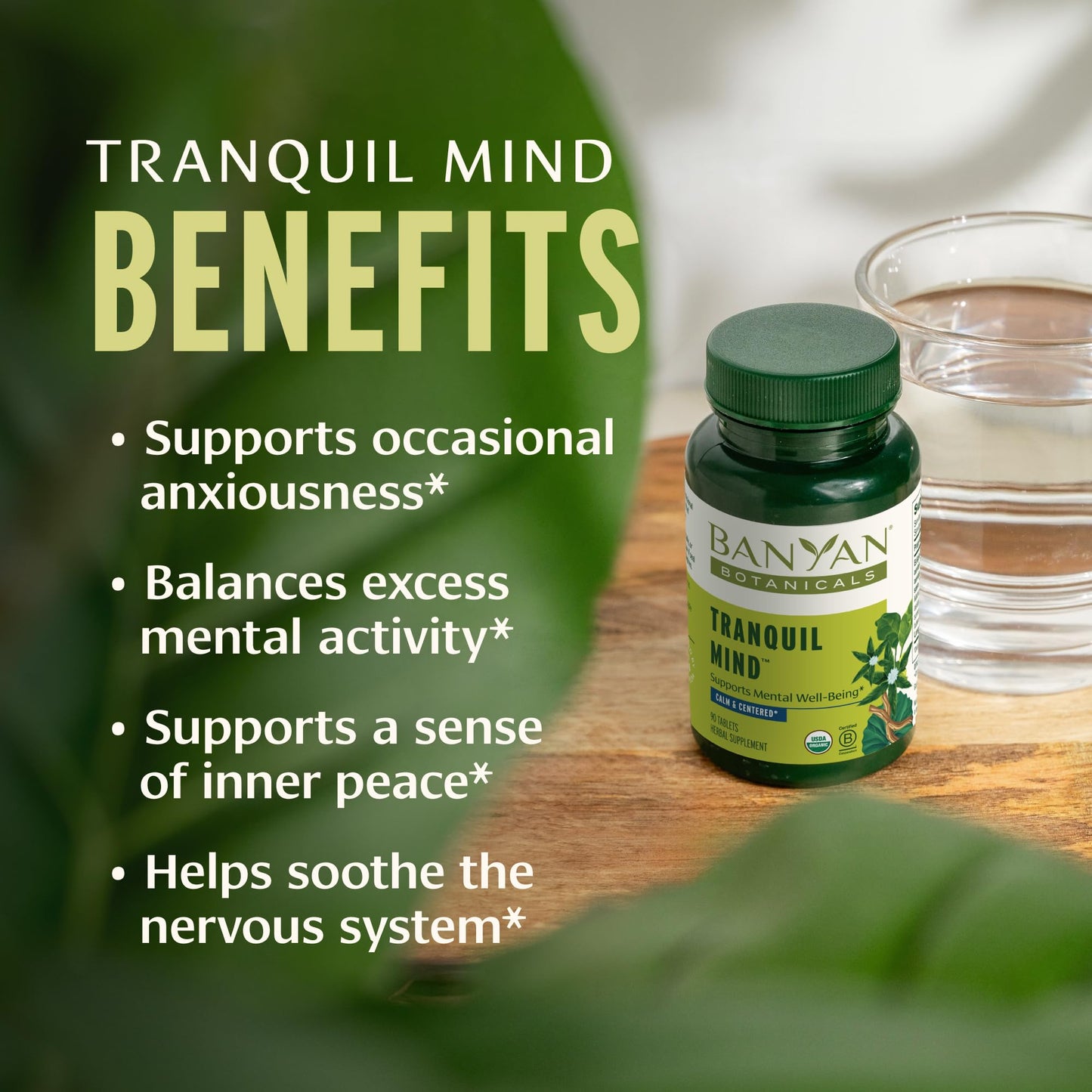 Banyan Botanicals Organic Tranquil Mind – Nervous System Support & Physical Relaxation Supplement – with Skullcap, Passionflower & Gotu Kola – Non-Drowsy Systemic Grounding – 90 Tablets – USDA Organic - dailyvitalstore