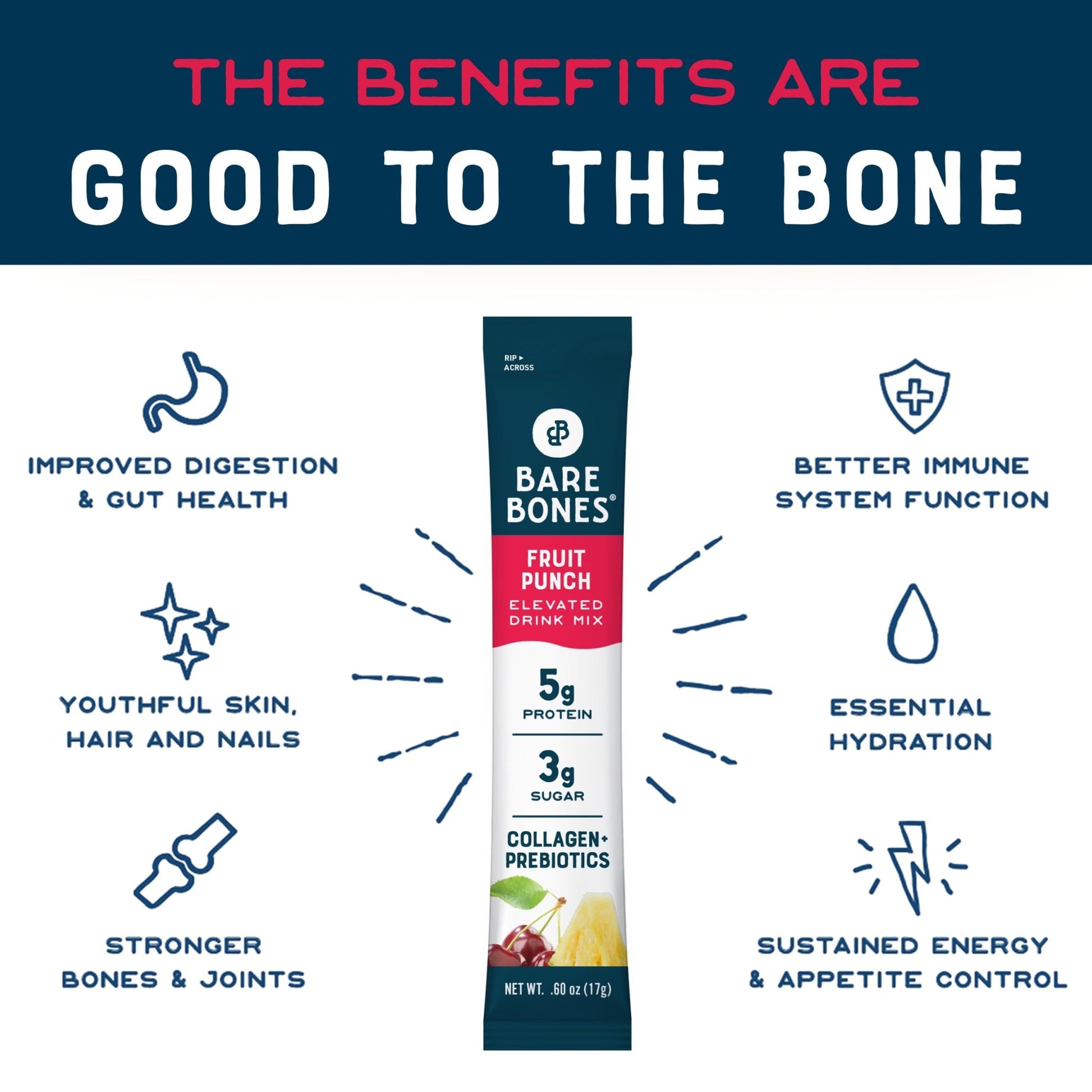 Bare Bones Fruit Punch Fruit Collagen Peptides Powder Drink Mix Packets | 5g Protein | Naturally Sweetened | Light & Flavorful | Gluten-Free On-the-Go Stick - dailyvitalstore