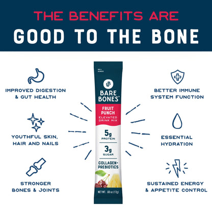 Bare Bones Fruit Punch Fruit Collagen Peptides Powder Drink Mix Packets | 5g Protein | Naturally Sweetened | Light & Flavorful | Gluten-Free On-the-Go Stick - dailyvitalstore