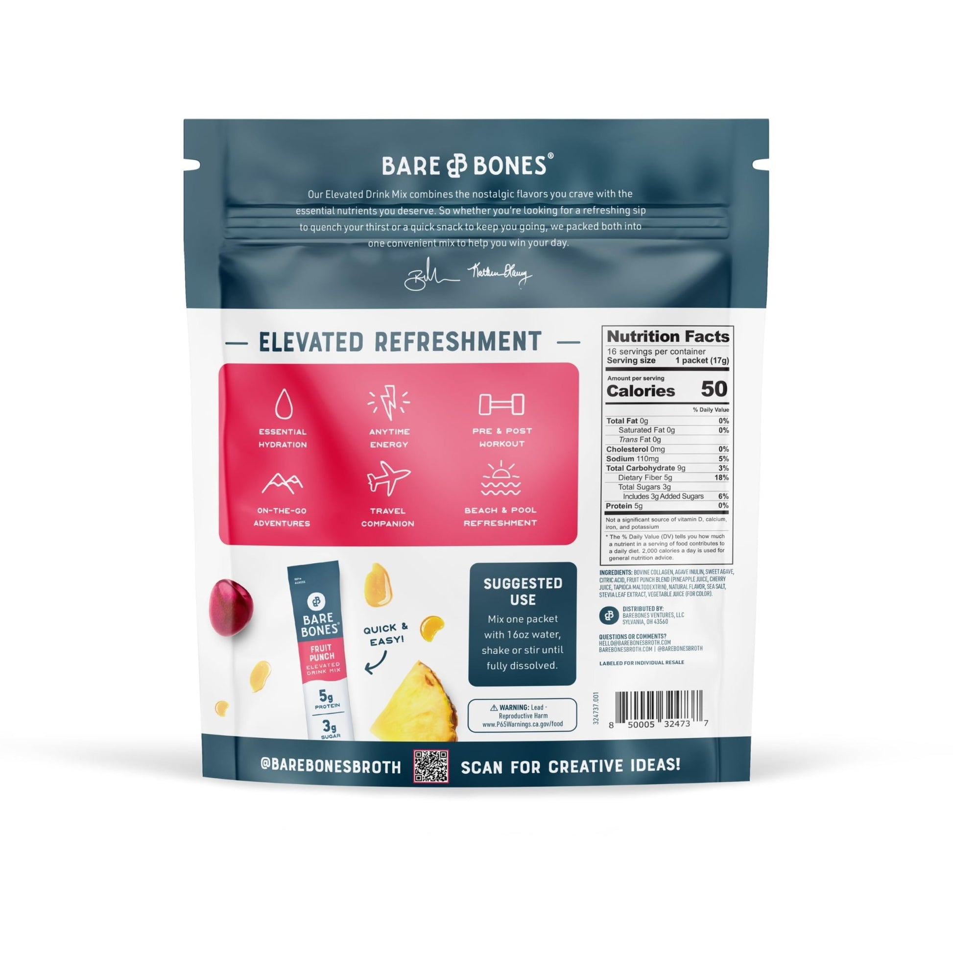 Bare Bones Fruit Punch Fruit Collagen Peptides Powder Drink Mix Packets | 5g Protein | Naturally Sweetened | Light & Flavorful | Gluten-Free On-the-Go Stick - dailyvitalstore