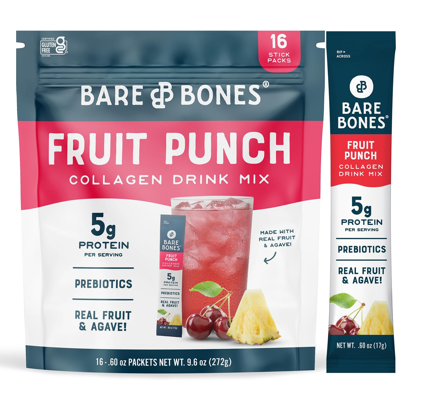 Bare Bones Fruit Punch Fruit Collagen Peptides Powder Drink Mix Packets | 5g Protein | Naturally Sweetened | Light & Flavorful | Gluten-Free On-the-Go Stick - dailyvitalstore