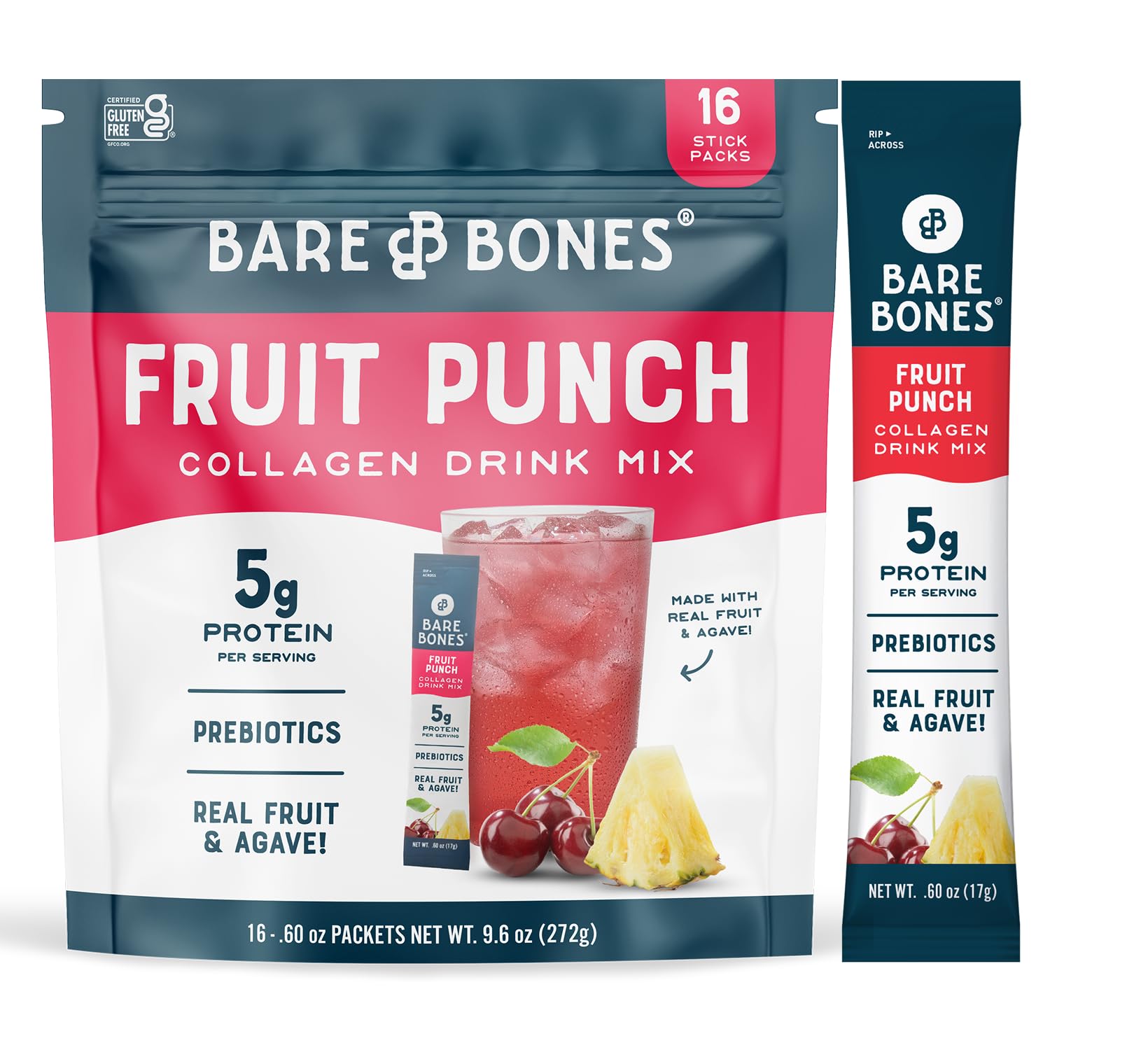 Bare Bones Fruit Punch Fruit Collagen Peptides Powder Drink Mix Packets | 5g Protein | Naturally Sweetened | Light & Flavorful | Gluten-Free On-the-Go Stick - dailyvitalstore