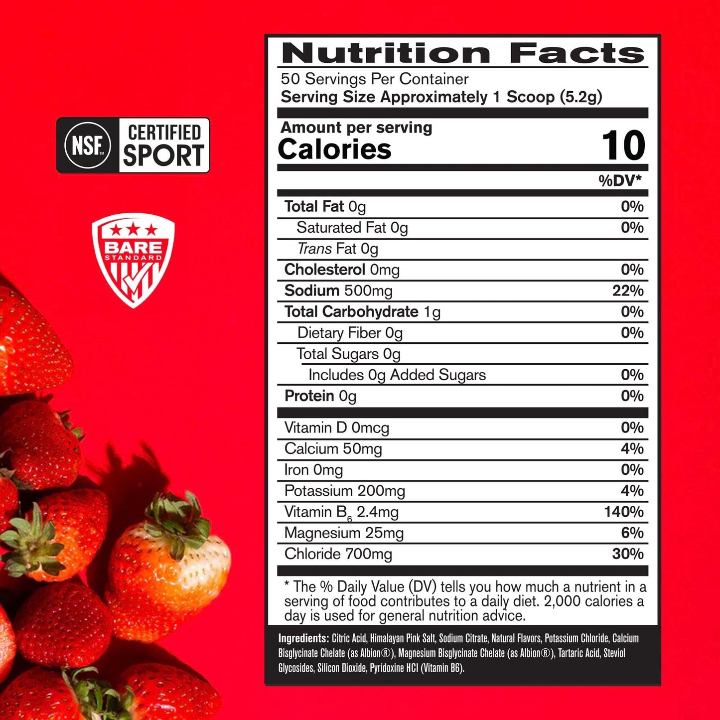 BARE PERFORMANCE NUTRITION BPN Electrolytes Hydration Drink Mix | Sugar Free Electrolyte Powder | 500mg Sodium per Serving | Naturally Sweetened | Strawberry, 50 Servings - dailyvitalstore