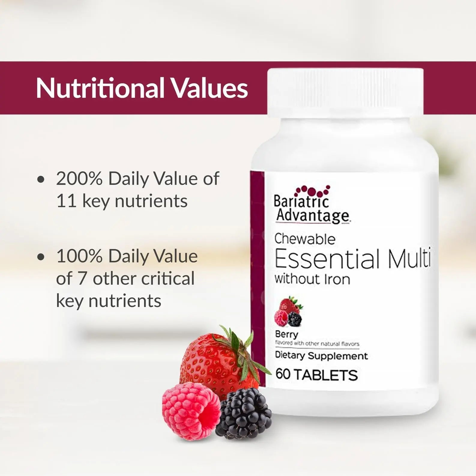 Bariatric Advantage Chewable Essential Multivitamin Without Iron - 200 DV of Key Nutrients - Trace Mineral Support - dailyvitalstore