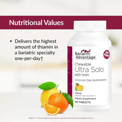 Bariatric Advantage Chewable Ultra Solo with Iron - Once-Per-Day Daily Multivitamin - for Bariatric Surgery Patients - Thiamin, Vitamin A & More - dailyvitalstore