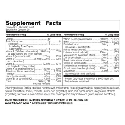 Bariatric Advantage Chewable Ultra Solo with Iron - Once-Per-Day Daily Multivitamin - for Bariatric Surgery Patients - Thiamin, Vitamin A & More - dailyvitalstore