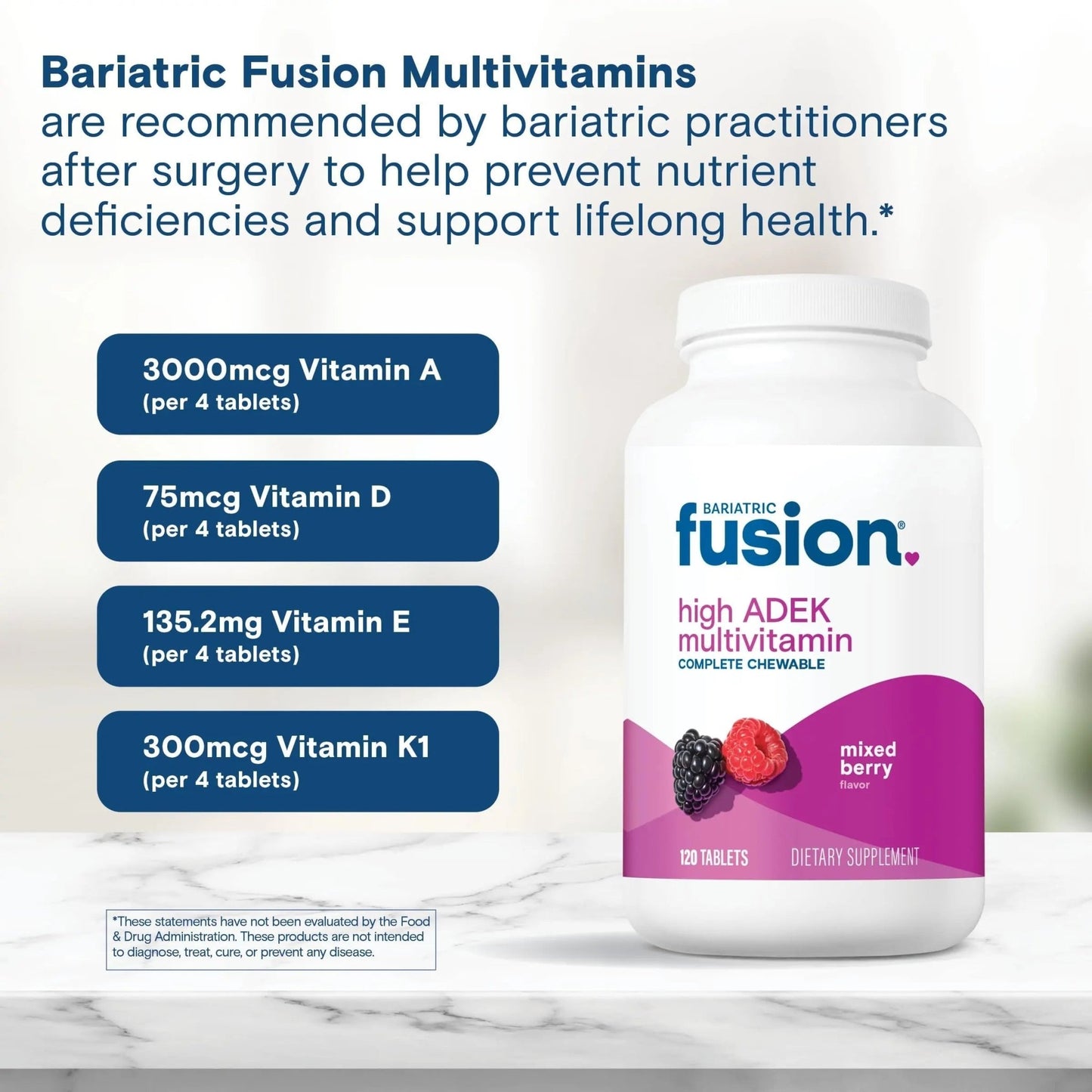 Bariatric Fusion Chewable Multivitamin with High ADEK Vitamins | Multi for Duodenal Switch Patients | Mixed Berry Flavored Tablets | - dailyvitalstore