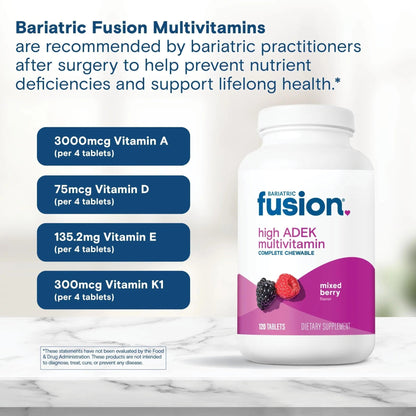 Bariatric Fusion Chewable Multivitamin with High ADEK Vitamins | Multi for Duodenal Switch Patients | Mixed Berry Flavored Tablets | - dailyvitalstore