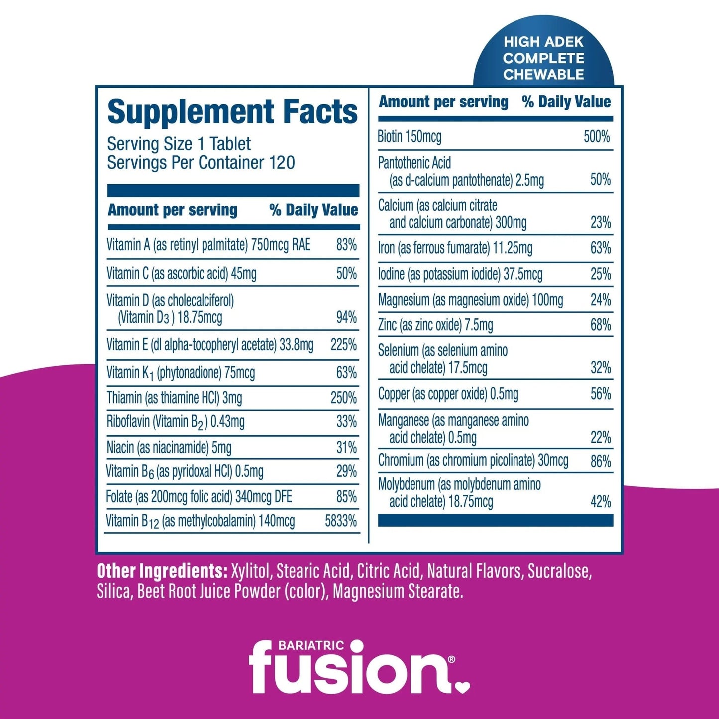 Bariatric Fusion Chewable Multivitamin with High ADEK Vitamins | Multi for Duodenal Switch Patients | Mixed Berry Flavored Tablets | - dailyvitalstore