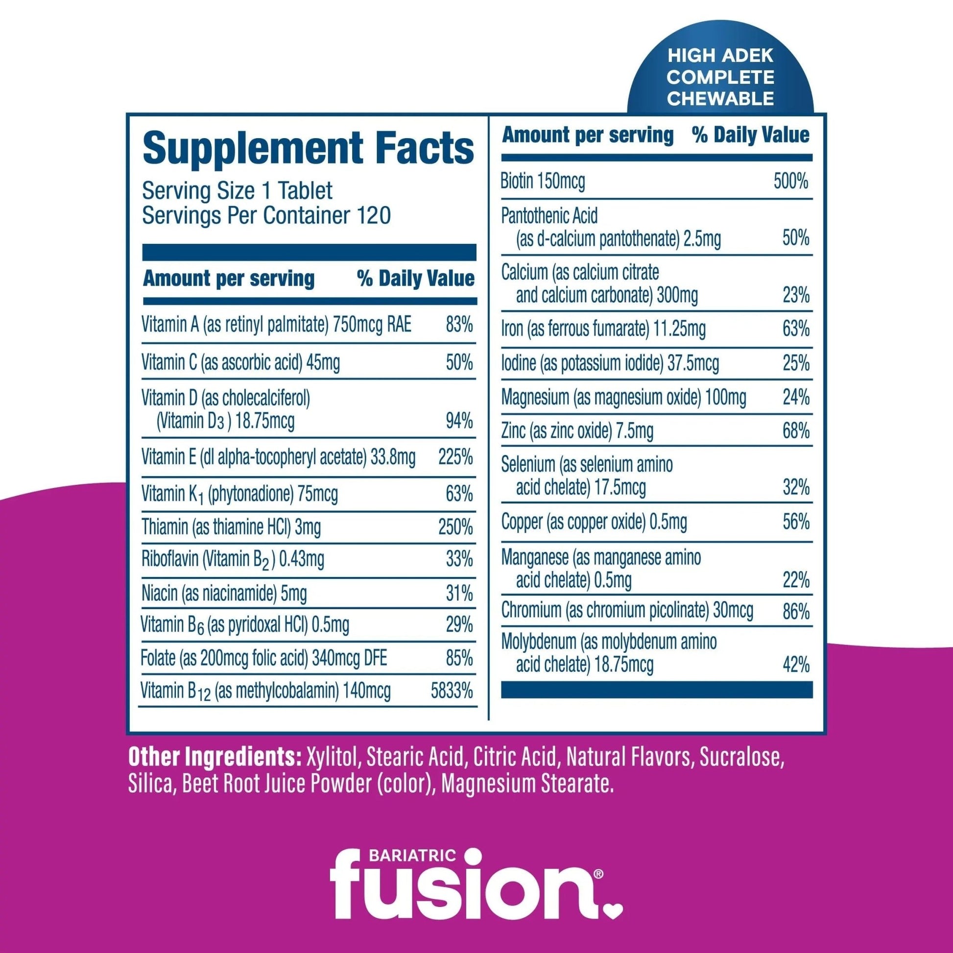 Bariatric Fusion Chewable Multivitamin with High ADEK Vitamins | Multi for Duodenal Switch Patients | Mixed Berry Flavored Tablets | - dailyvitalstore