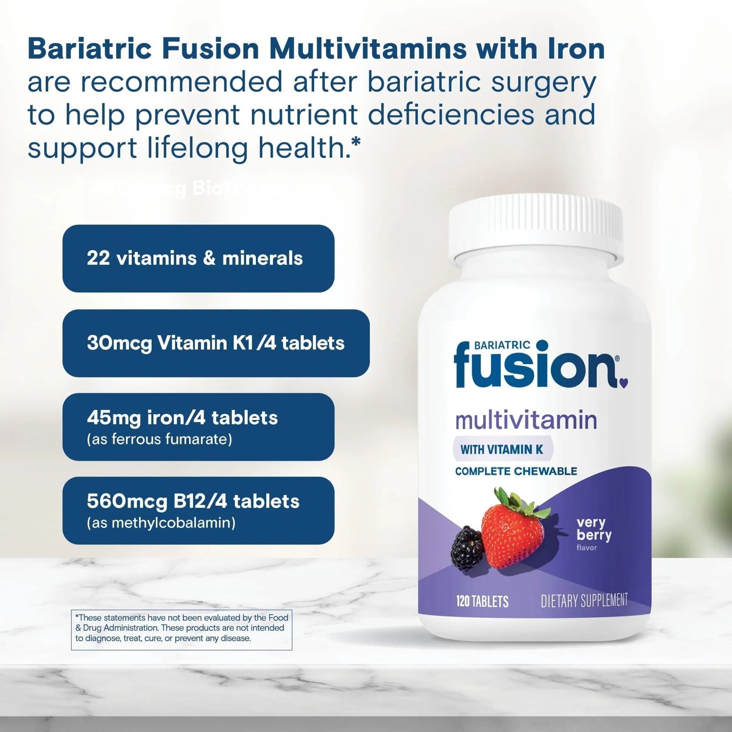 Bariatric Fusion Very Berry Complete Chewable Bariatric Multivitamin with Iron and Vitamin K for Bariatric Surgery Patients Including - dailyvitalstore