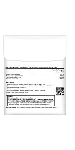 Bariatric Guru VitaBoost Supplement Patch — Vitamin D3, K2, Magnesium & Calcium Citrate Transdermal Topical Patch for Bone, Muscle & Immune Support — 30 Patches - dailyvitalstore