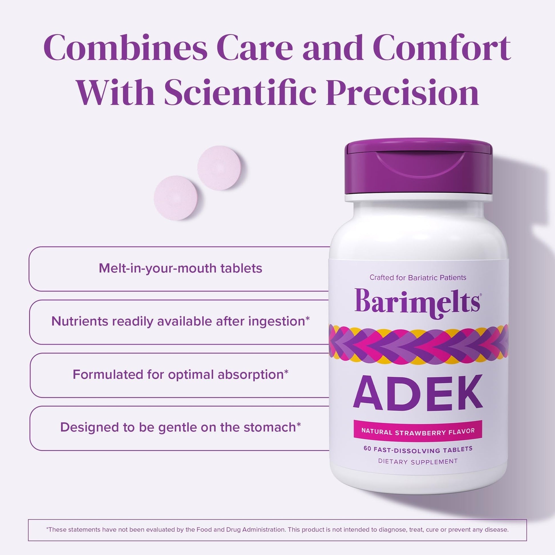 Barimelts ADEK - 60 Fast-Dissolving Tablets (2-Month Supply) - Sugar-Free Bariatric Vitamins for Women Including Vitamin A, Vitamin D, Vitamin E & Vitamin K, Natural Strawberry Flavor - dailyvitalstore