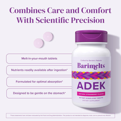 Barimelts ADEK - 60 Fast-Dissolving Tablets (2-Month Supply) - Sugar-Free Bariatric Vitamins for Women Including Vitamin A, Vitamin D, Vitamin E & Vitamin K, Natural Strawberry Flavor - dailyvitalstore