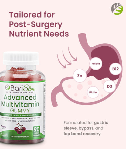 BariSlim Advanced Bariatric Multivitamin Gummies - Specially Formulated Bariatric Vitamins for Patients After Weight Loss Surgery - Supports Energy & Immune Health | Cherry (90 Vegan Gummies) - dailyvitalstore
